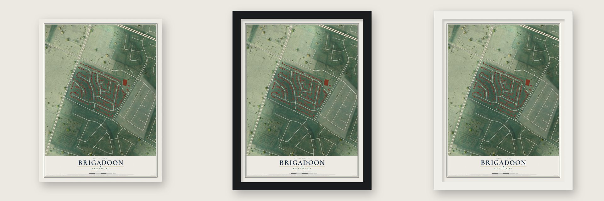 Brigadoon, Kentucky map unframed, in a black wood frame and in a white wood frame