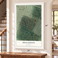 Brigadoon, Kentucky map, 24 x 36 inch print in a white frame by a staircase