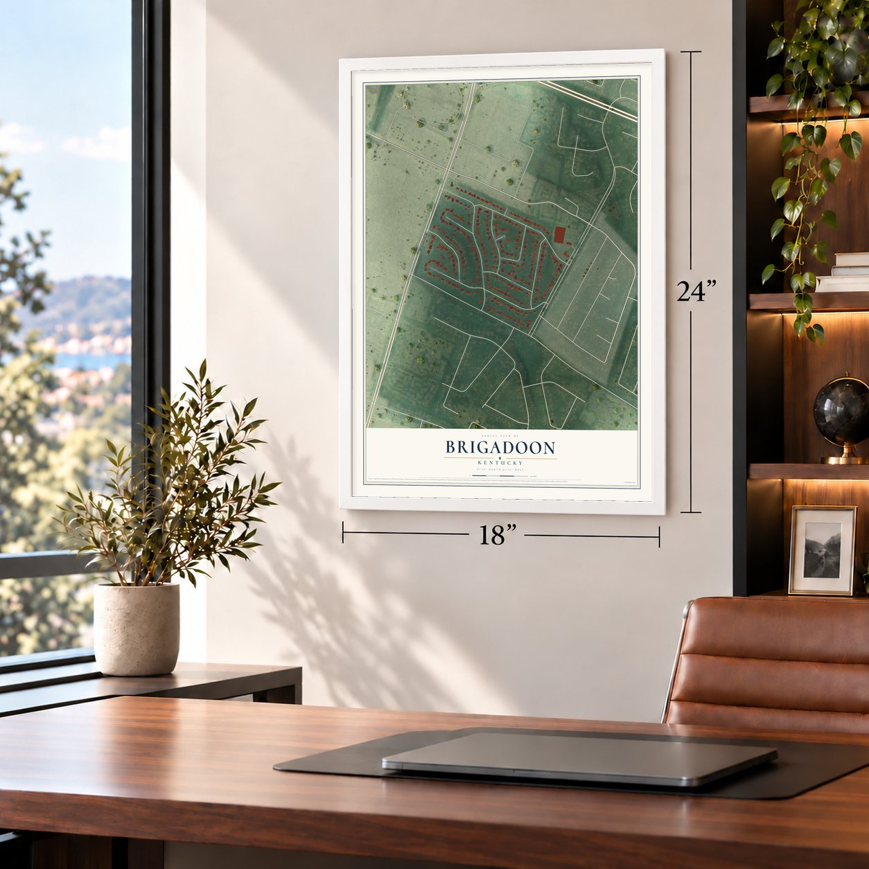 Brigadoon, Kentucky map, 18 x 24 inch print in a white frame in a home office
