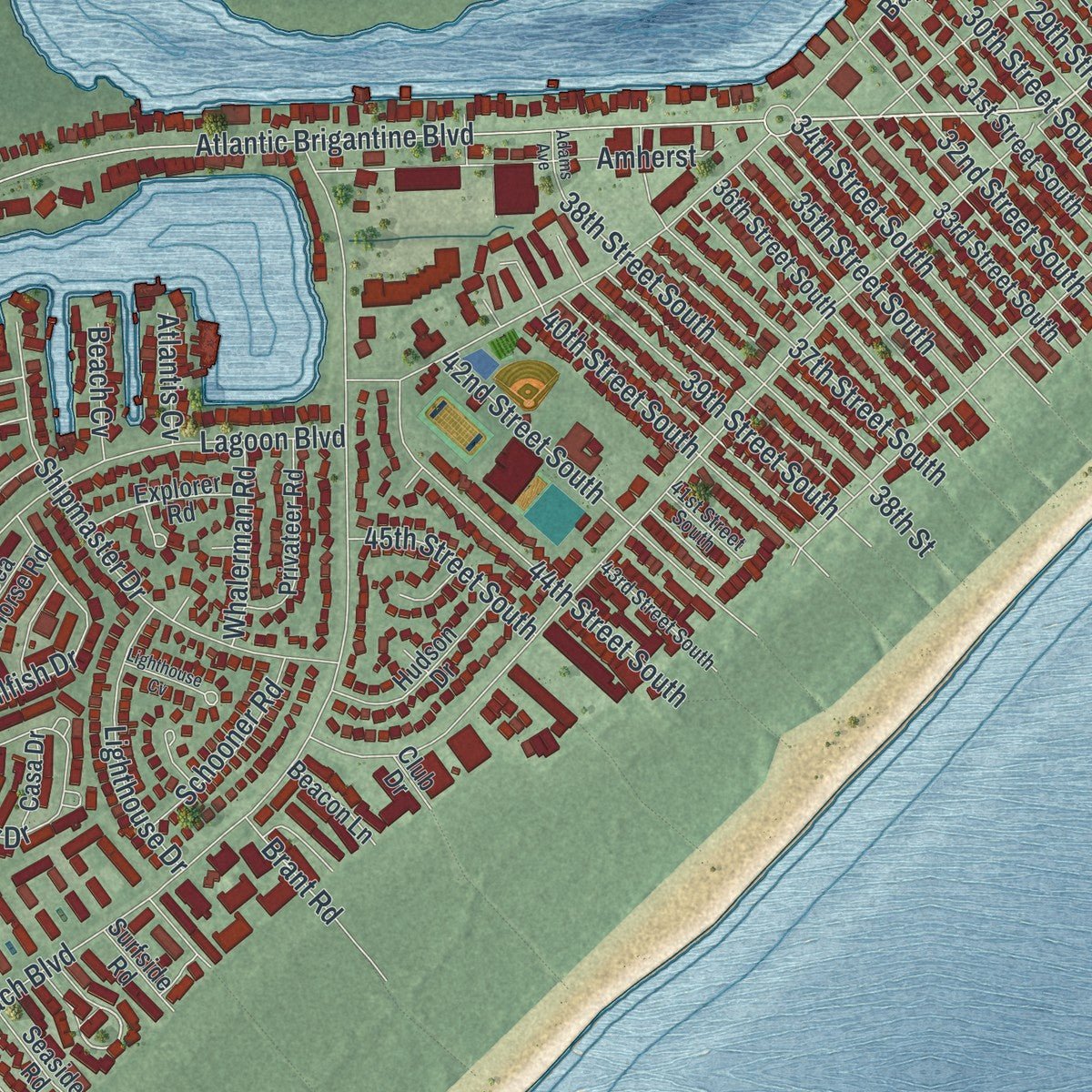 Second close-up of the map of Brigantine, New Jersey print showing more streets and buildings
