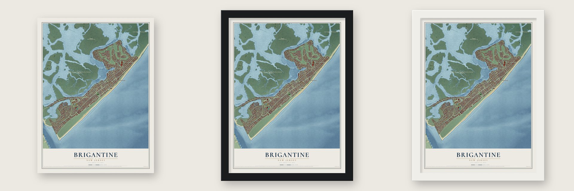 Brigantine, New Jersey map unframed, in a black wood frame and in a white wood frame