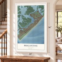 Brigantine, New Jersey map, 24 x 36 inch print in a white frame by a staircase