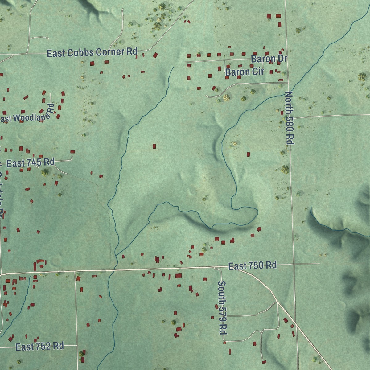 Second close-up of the map of Briggs, Oklahoma print showing more streets and buildings