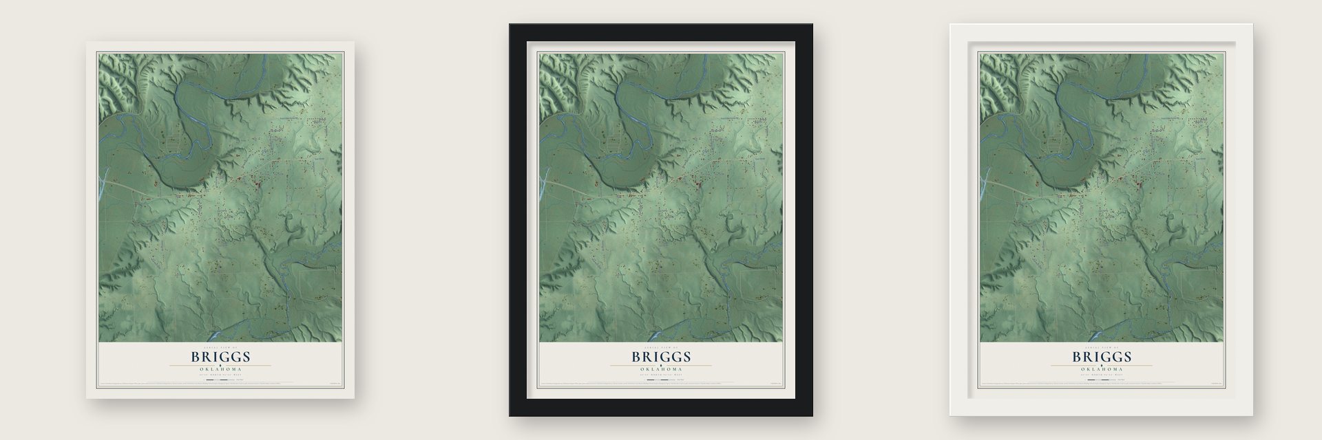 Briggs, Oklahoma map unframed, in a black wood frame and in a white wood frame