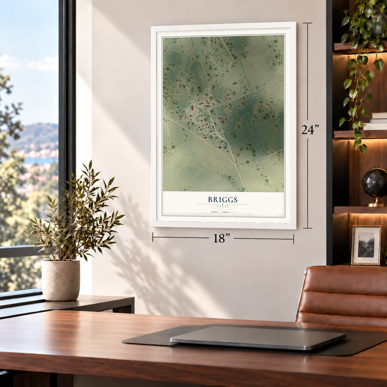 Briggs, Texas map, 18 x 24 inch print in a white frame in a home office