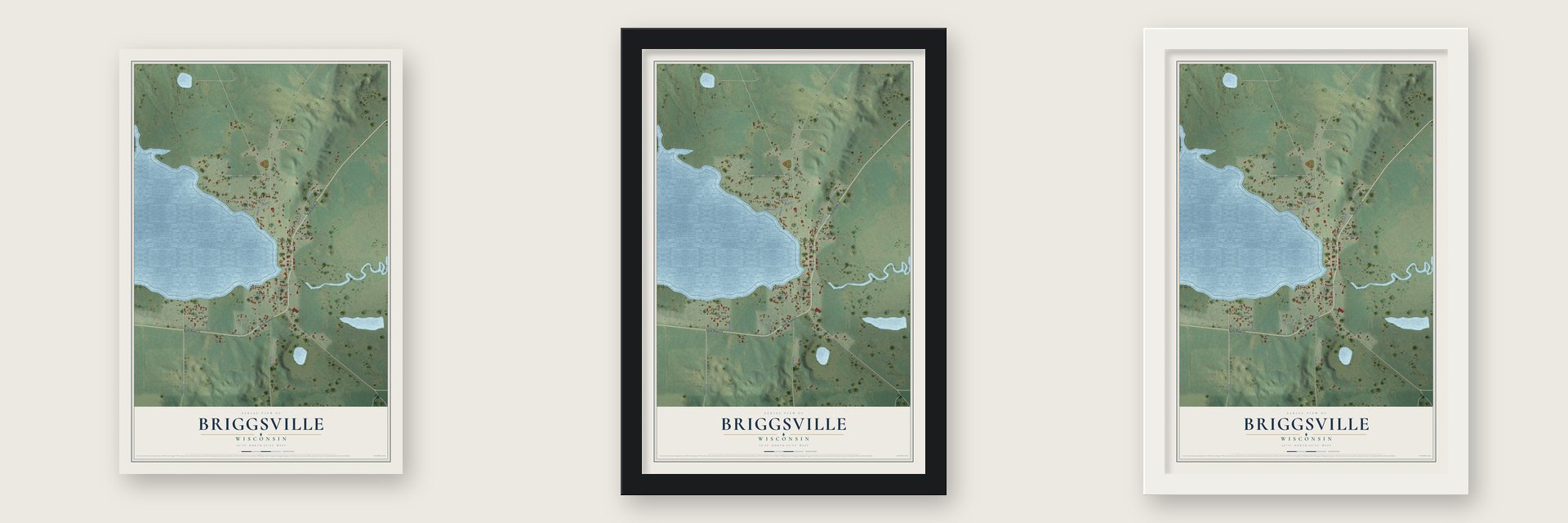 Briggsville, Wisconsin map unframed, in a black wood frame and in a white wood frame