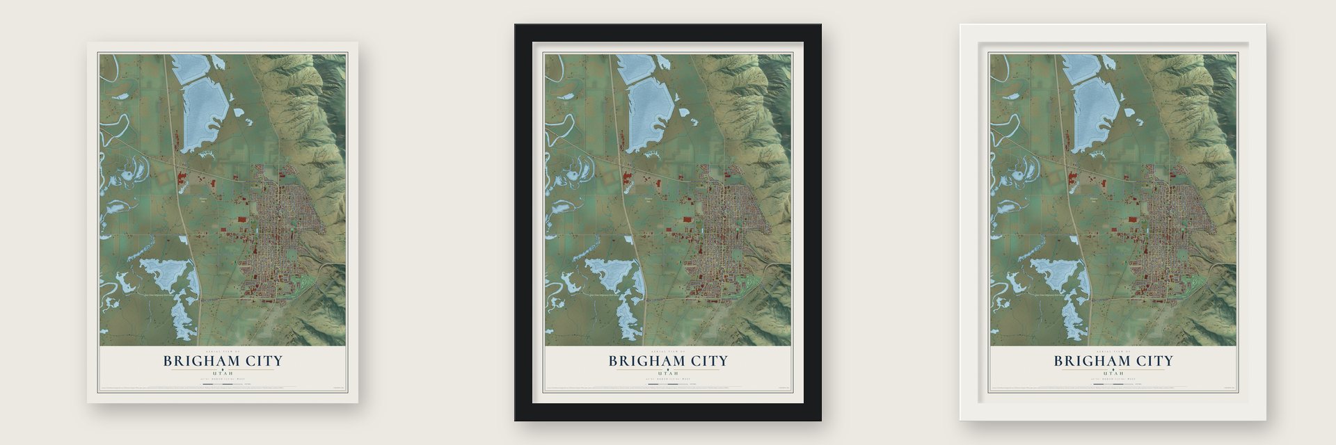 Brigham City, Utah map unframed, in a black wood frame and in a white wood frame