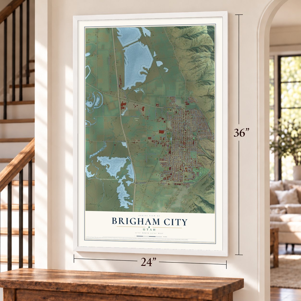 Brigham City, Utah map, 24 x 36 inch print in a white frame by a staircase