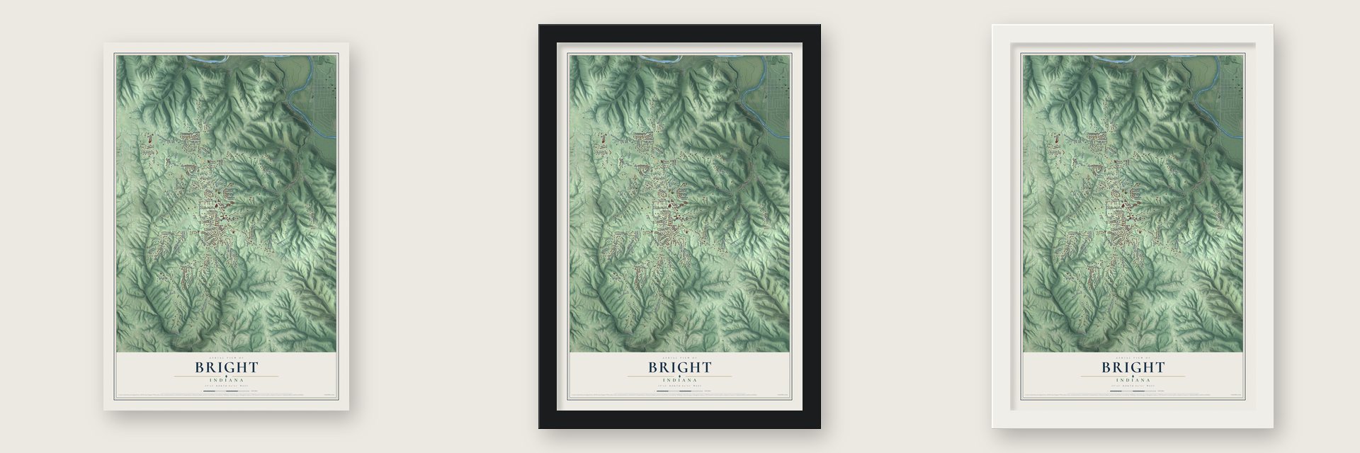 Bright, Indiana map unframed, in a black wood frame and in a white wood frame