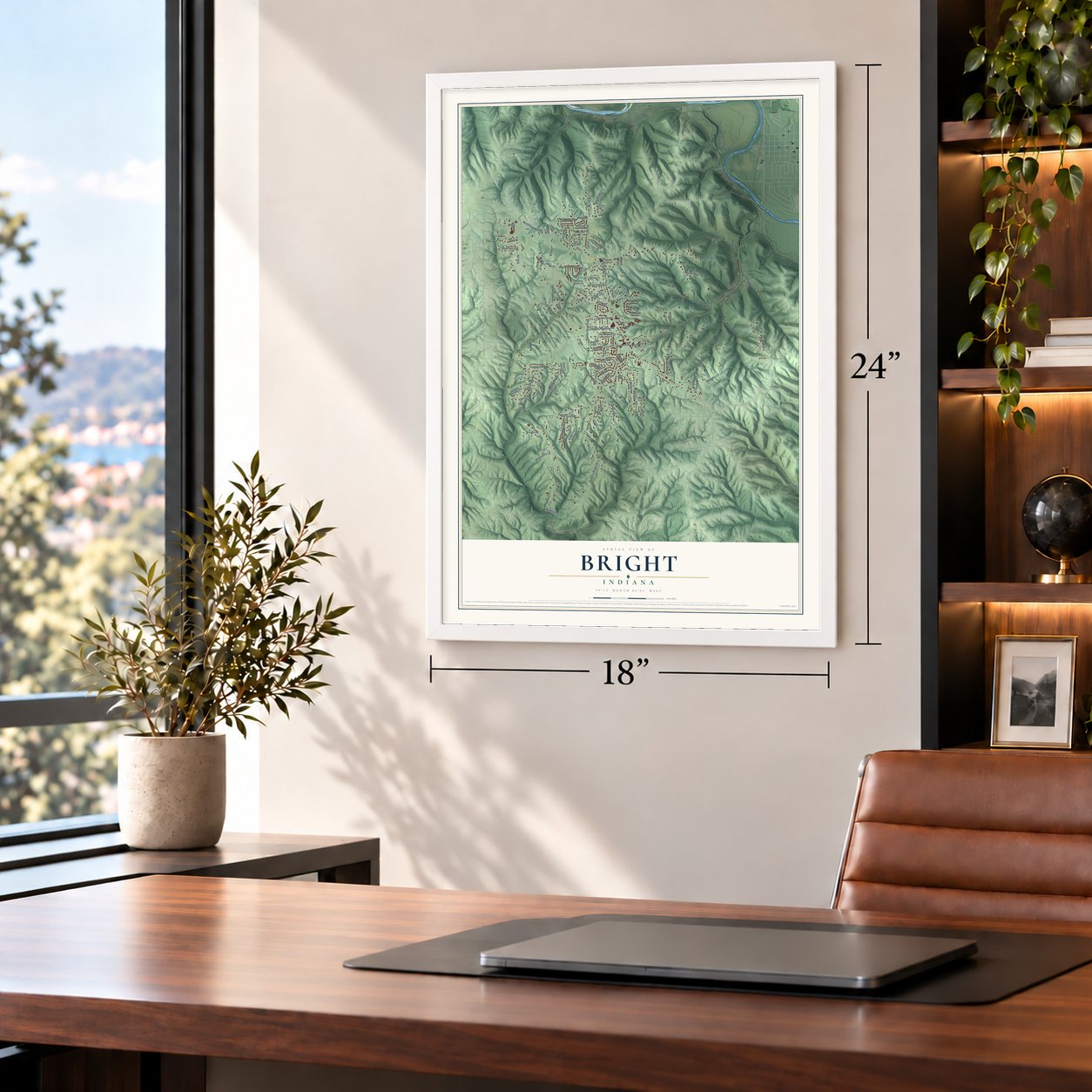 Bright, Indiana map, 18 x 24 inch print in a white frame in a home office