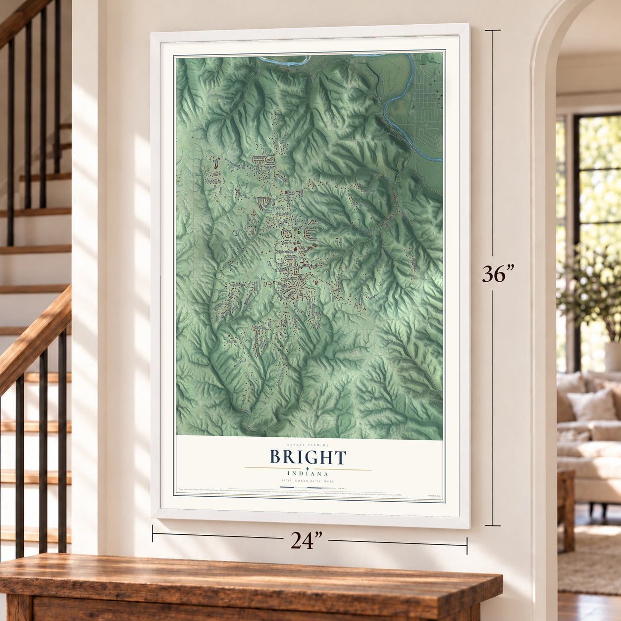 Bright, Indiana map, 24 x 36 inch print in a white frame by a staircase
