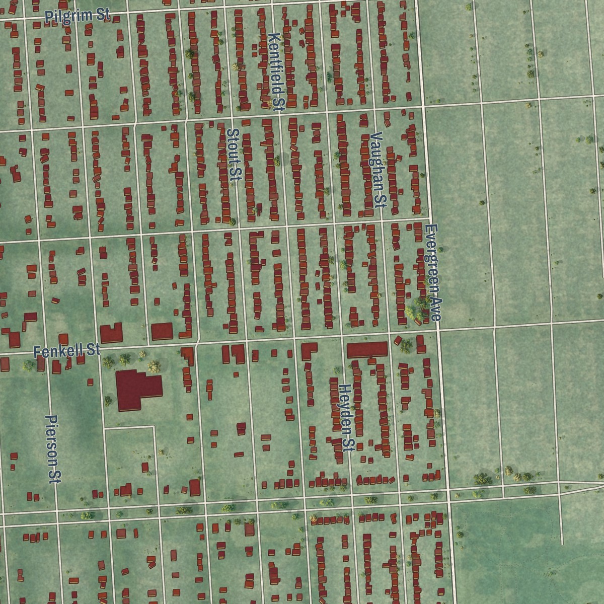 Second close-up of the map of Brightmoor, Michigan print showing more streets and buildings