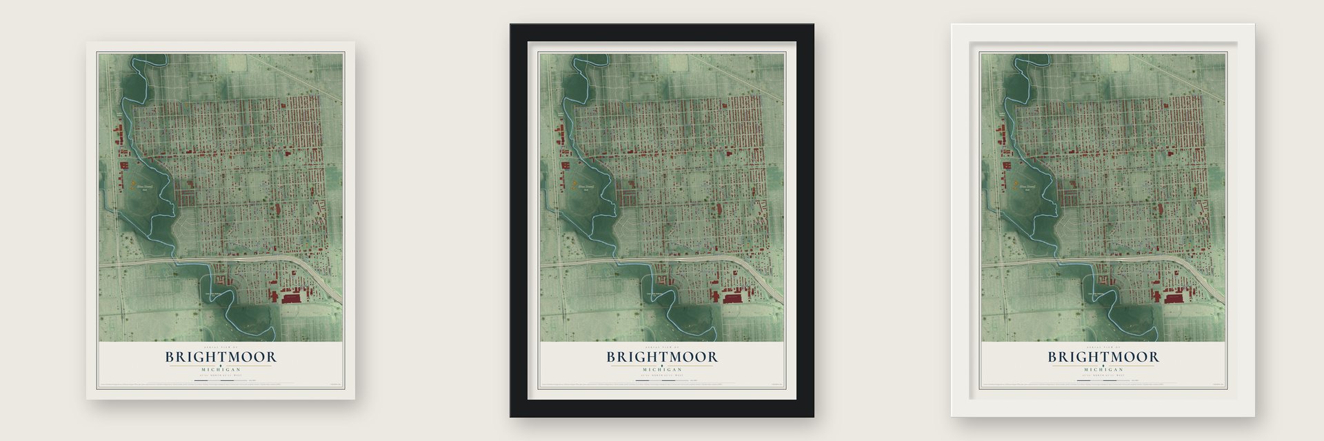 Brightmoor, Michigan map unframed, in a black wood frame and in a white wood frame