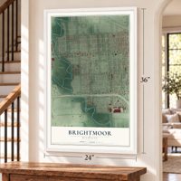 Brightmoor, Michigan map, 24 x 36 inch print in a white frame by a staircase