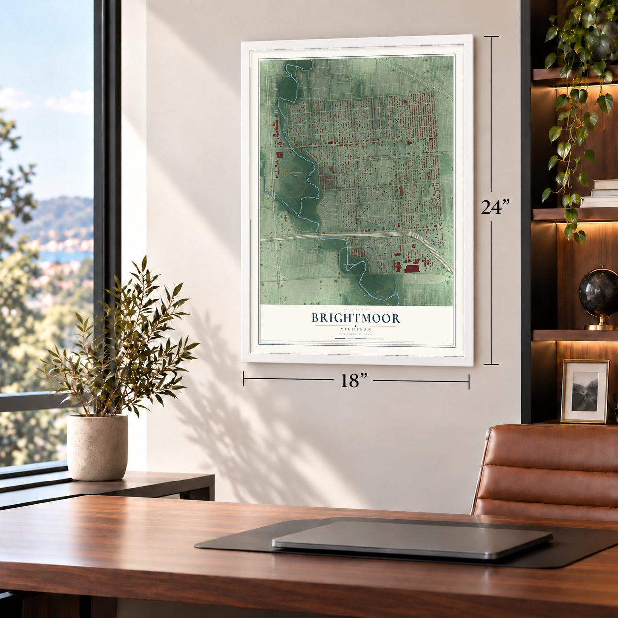 Brightmoor, Michigan map, 18 x 24 inch print in a white frame in a home office