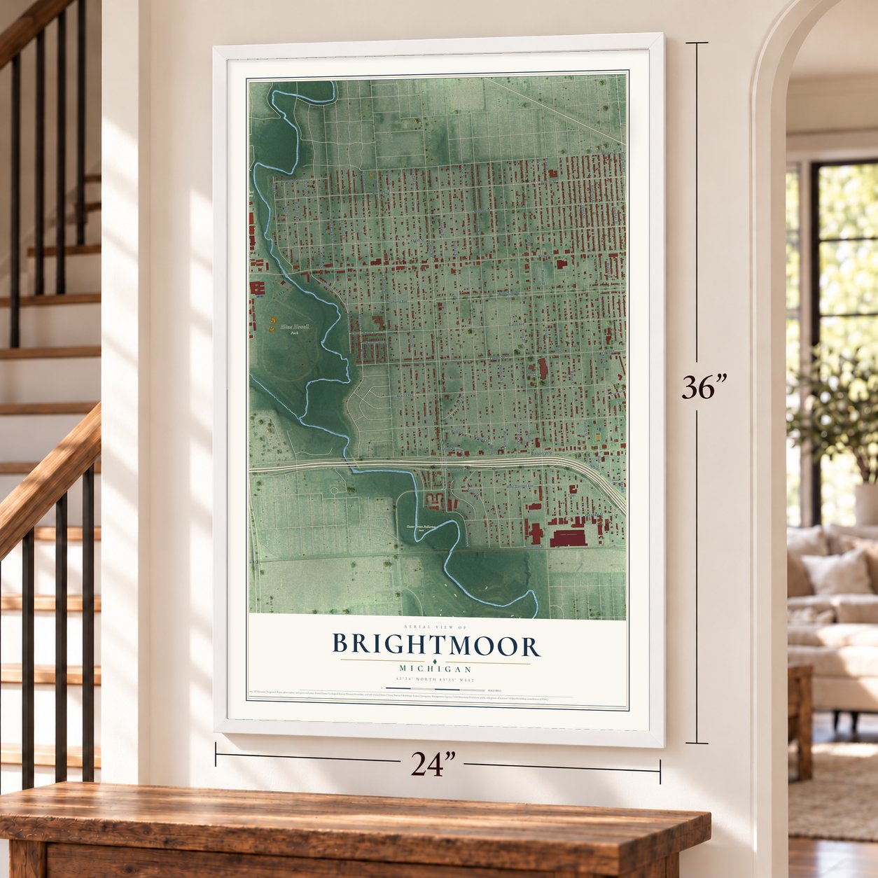 Brightmoor, Michigan map, 24 x 36 inch print in a white frame by a staircase