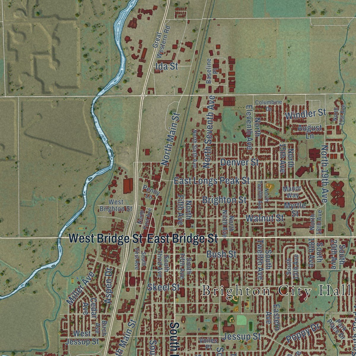 Second close-up of the map of Brighton, Colorado print showing more streets and buildings