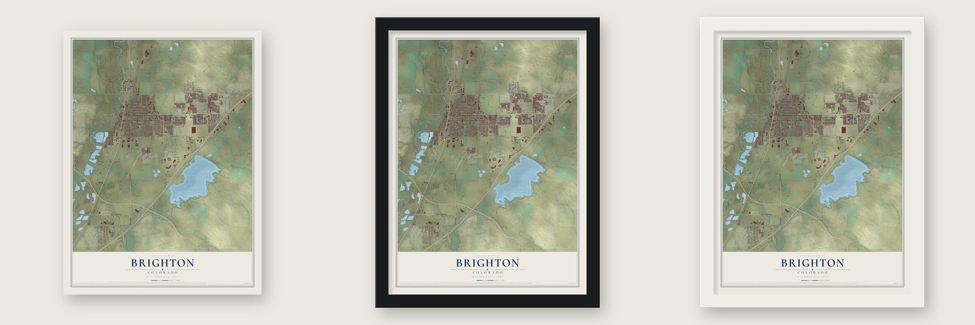 Brighton, Colorado map unframed, in a black wood frame and in a white wood frame