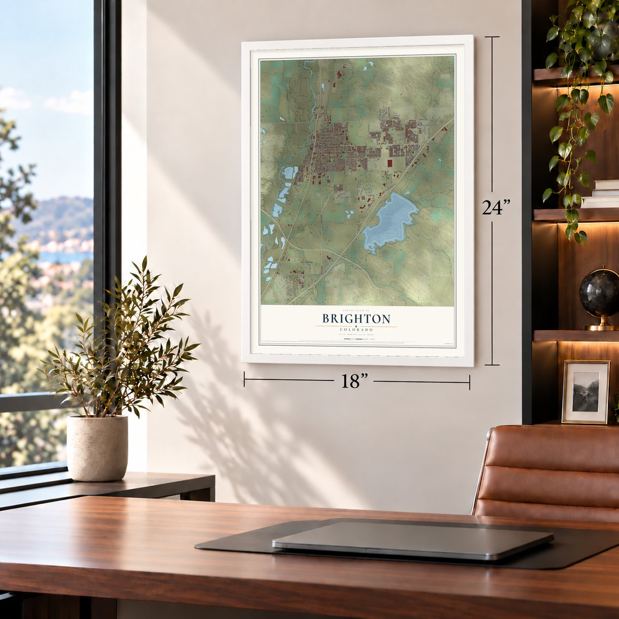 Brighton, Colorado map, 18 x 24 inch print in a white frame in a home office