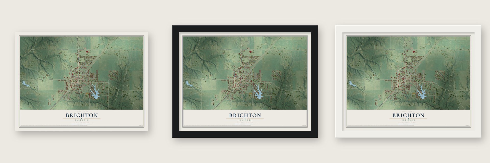 Brighton, Illinois map unframed, in a black wood frame and in a white wood frame