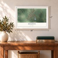 Brighton, Illinois map, 12 x 18 inch print in a white frame in an entryway