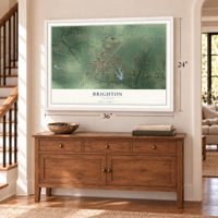 Brighton, Illinois map, 24 x 36 inch print in a white frame above a dresser by a staircase