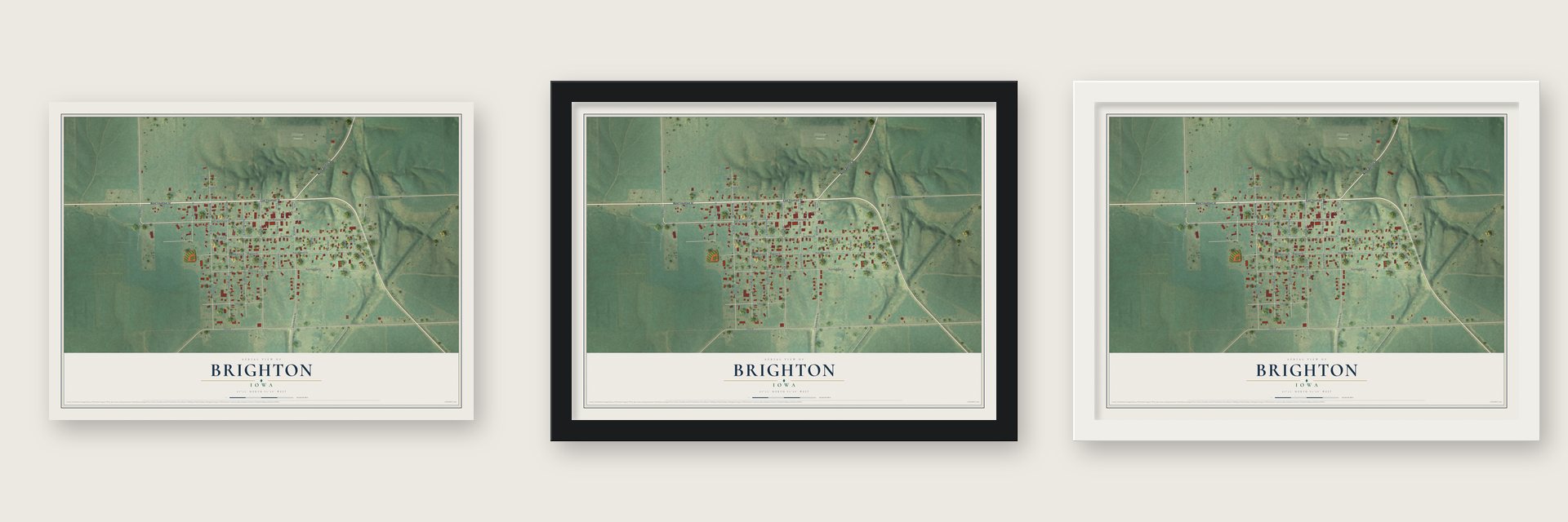 Brighton, Iowa map unframed, in a black wood frame and in a white wood frame
