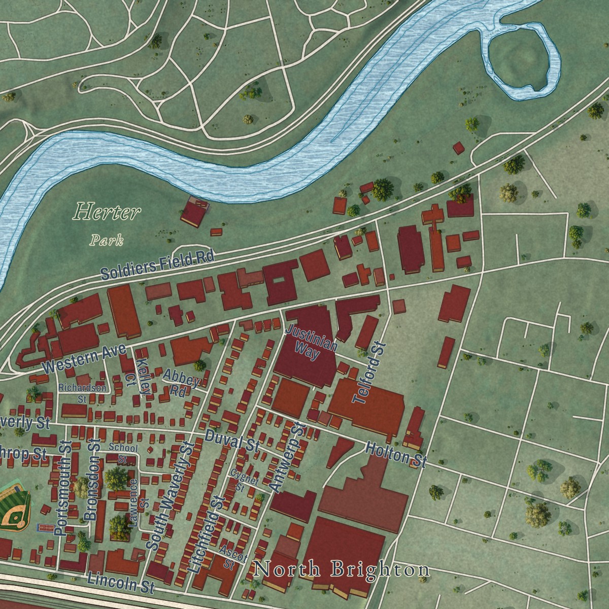 Second close-up of the map of Brighton, Massachusetts print showing more streets and buildings