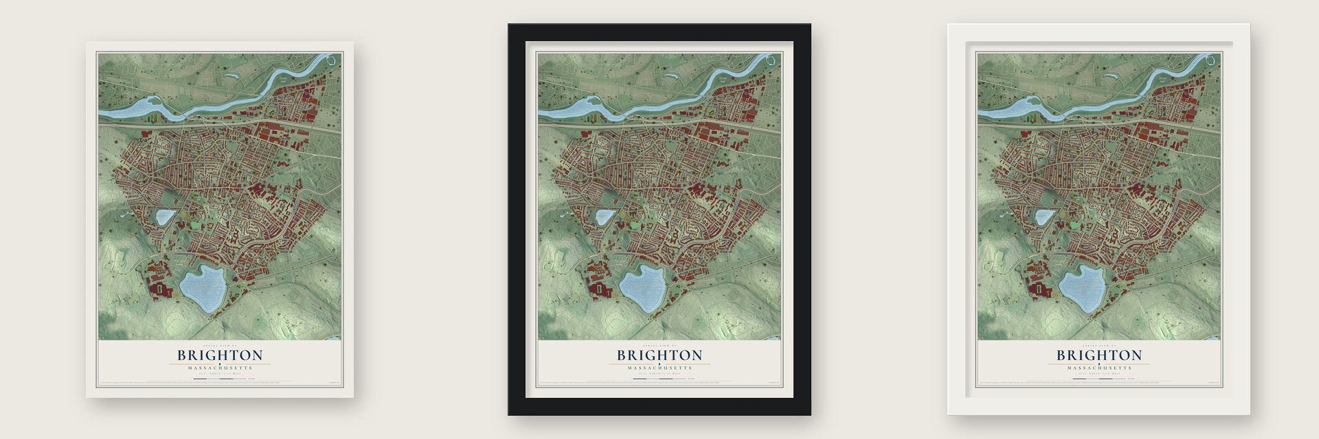 Brighton, Massachusetts map unframed, in a black wood frame and in a white wood frame