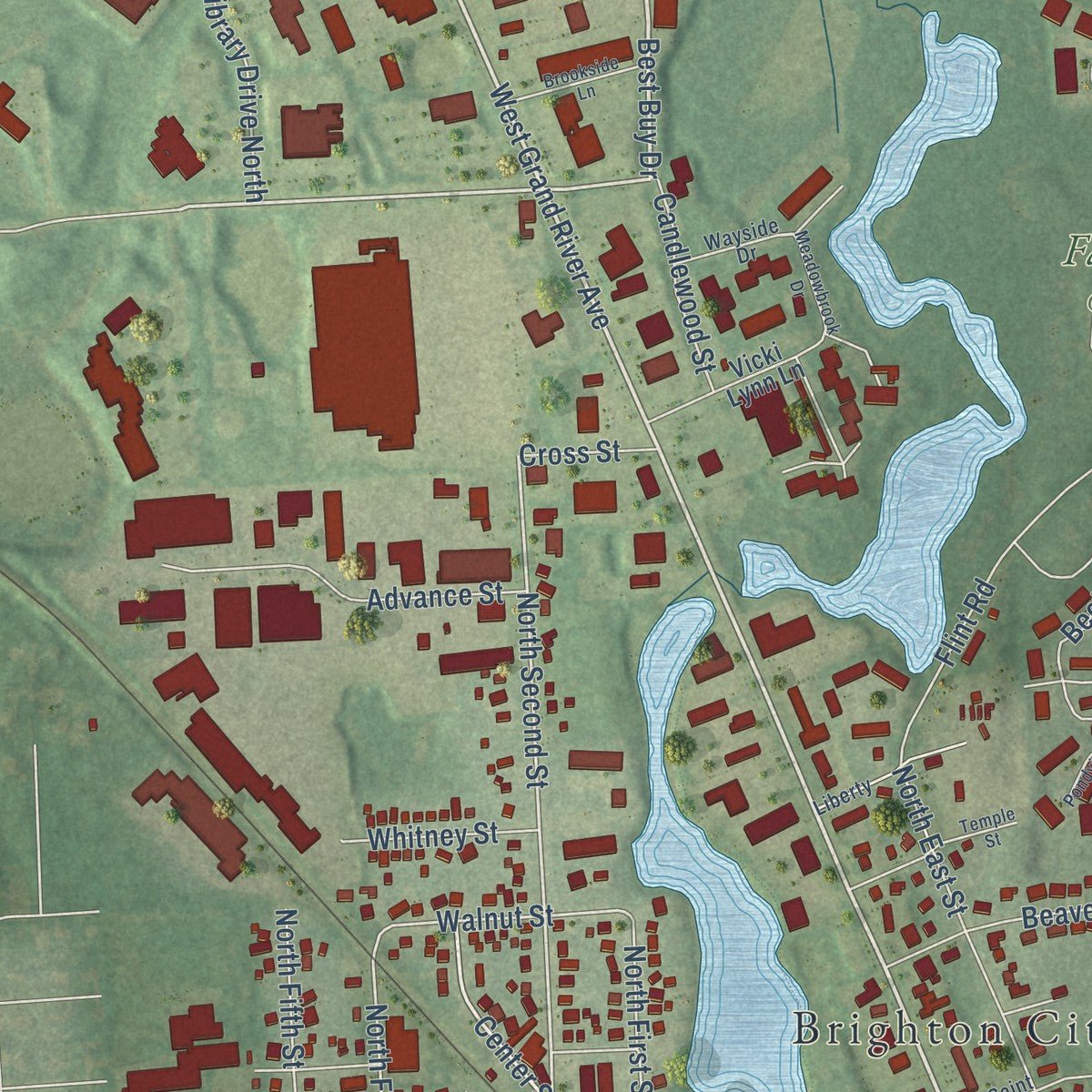 Second close-up of the map of Brighton, Michigan print showing more streets and buildings