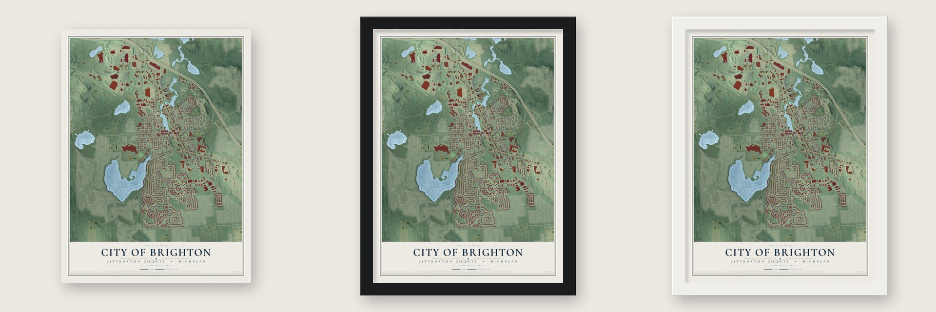 Brighton, Michigan map unframed, in a black wood frame and in a white wood frame