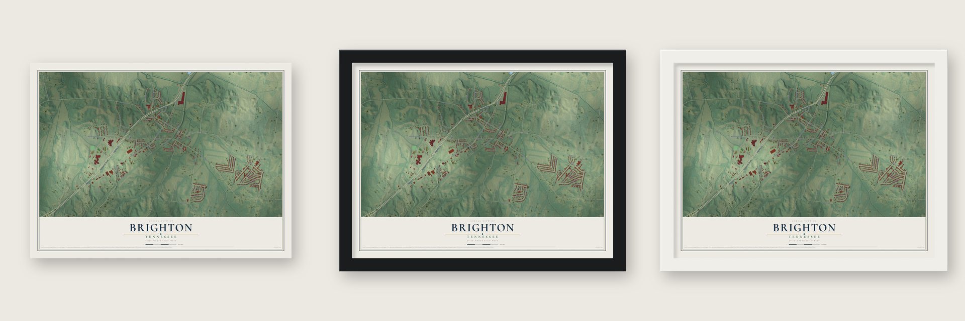 Brighton, Tennessee map unframed, in a black wood frame and in a white wood frame