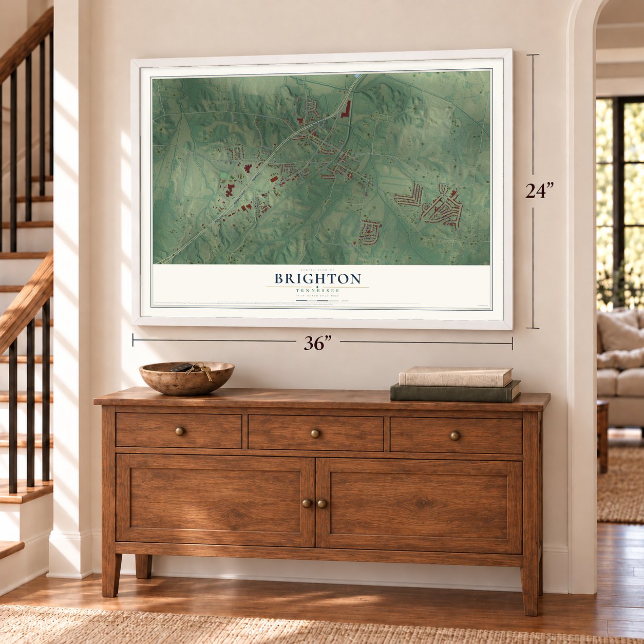 Brighton, Tennessee map, 24 x 36 inch print in a white frame above a dresser by a staircase