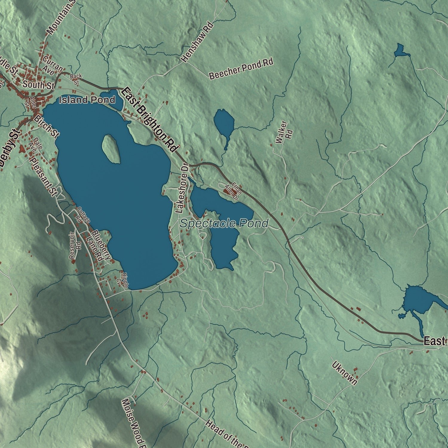 Close-up of the map of Brighton, Vermont print showing terrain and local geography