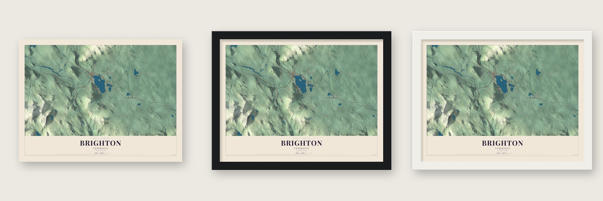 Brighton, Vermont map unframed, in a black wood frame and in a white wood frame
