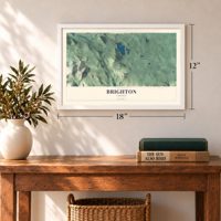 Brighton, Vermont map, 12 x 18 inch print in a white frame in an entryway