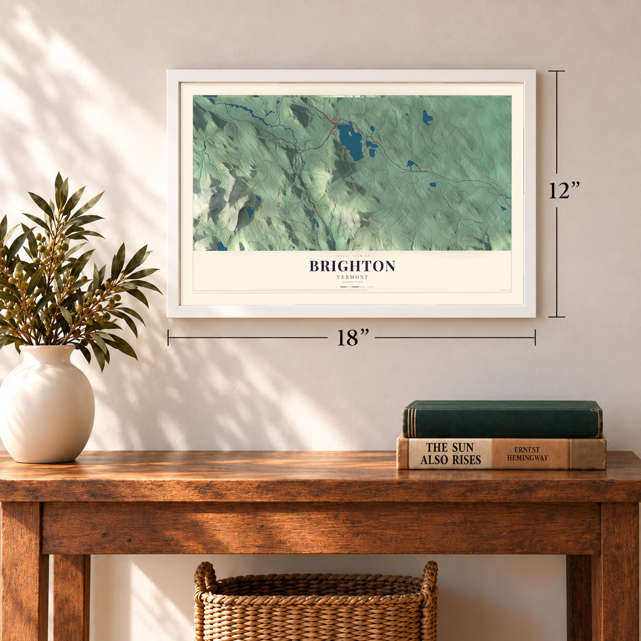 Brighton, Vermont map, 12 x 18 inch print in a white frame in an entryway