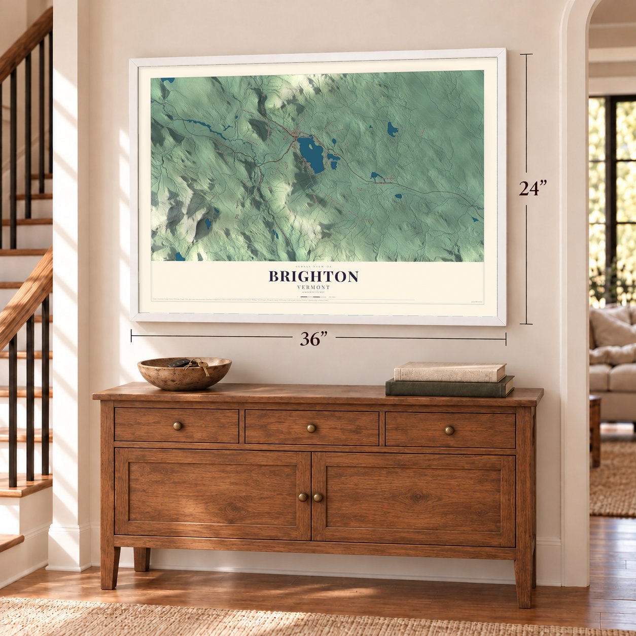 Brighton, Vermont map, 24 x 36 inch print in a white frame above a dresser by a staircase