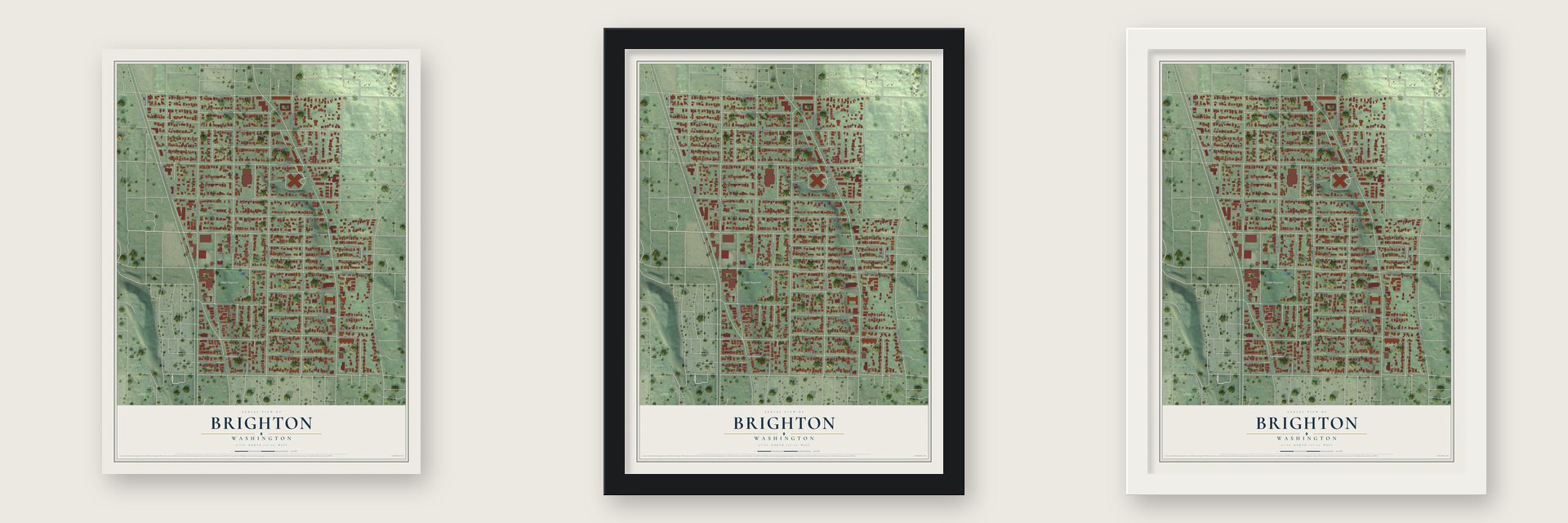 Brighton, Washington map unframed, in a black wood frame and in a white wood frame