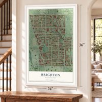 Brighton, Washington map, 24 x 36 inch print in a white frame by a staircase