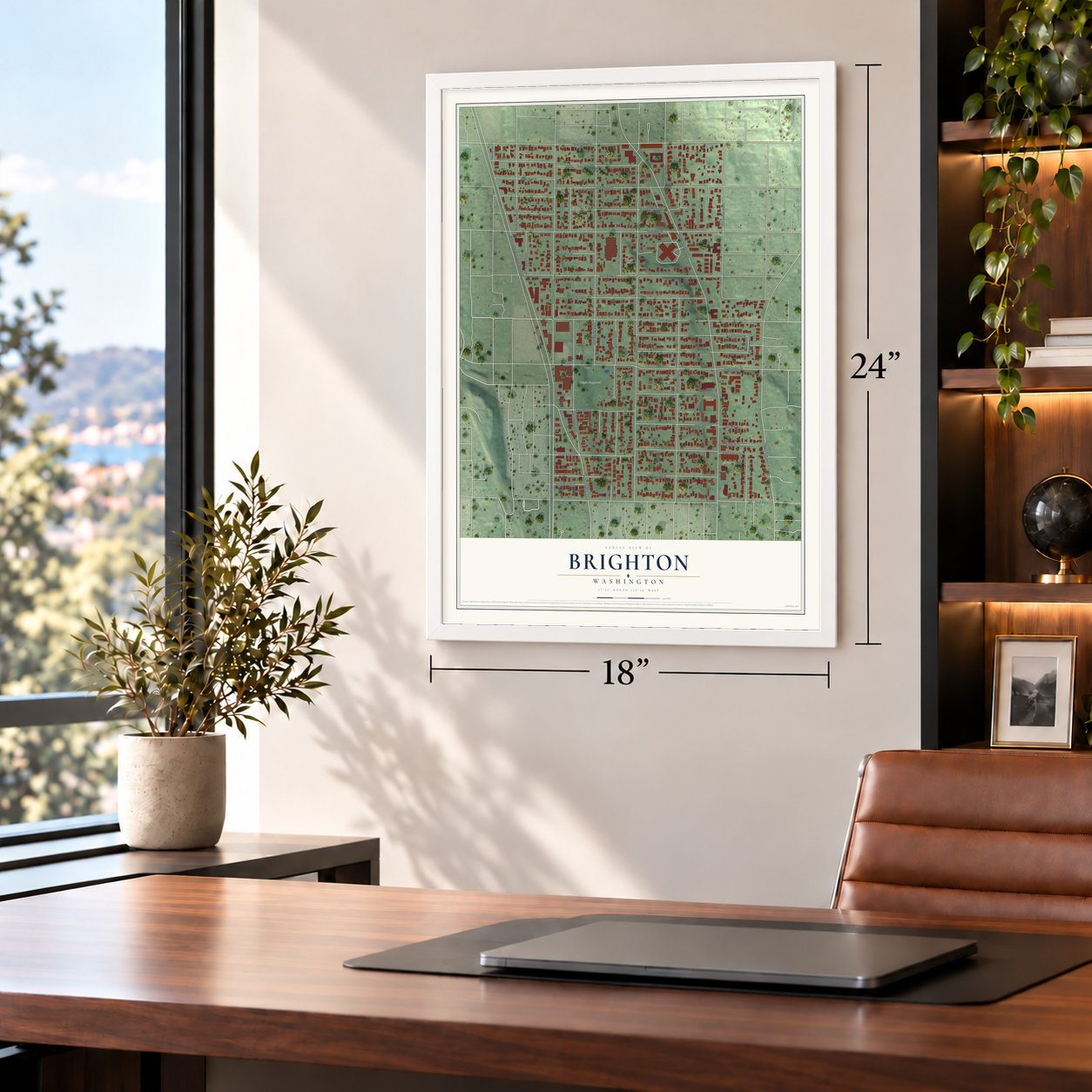 Brighton, Washington map, 18 x 24 inch print in a white frame in a home office
