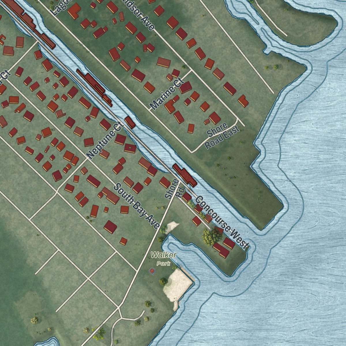 Second close-up of the map of Brightwaters, New York print showing more streets and buildings