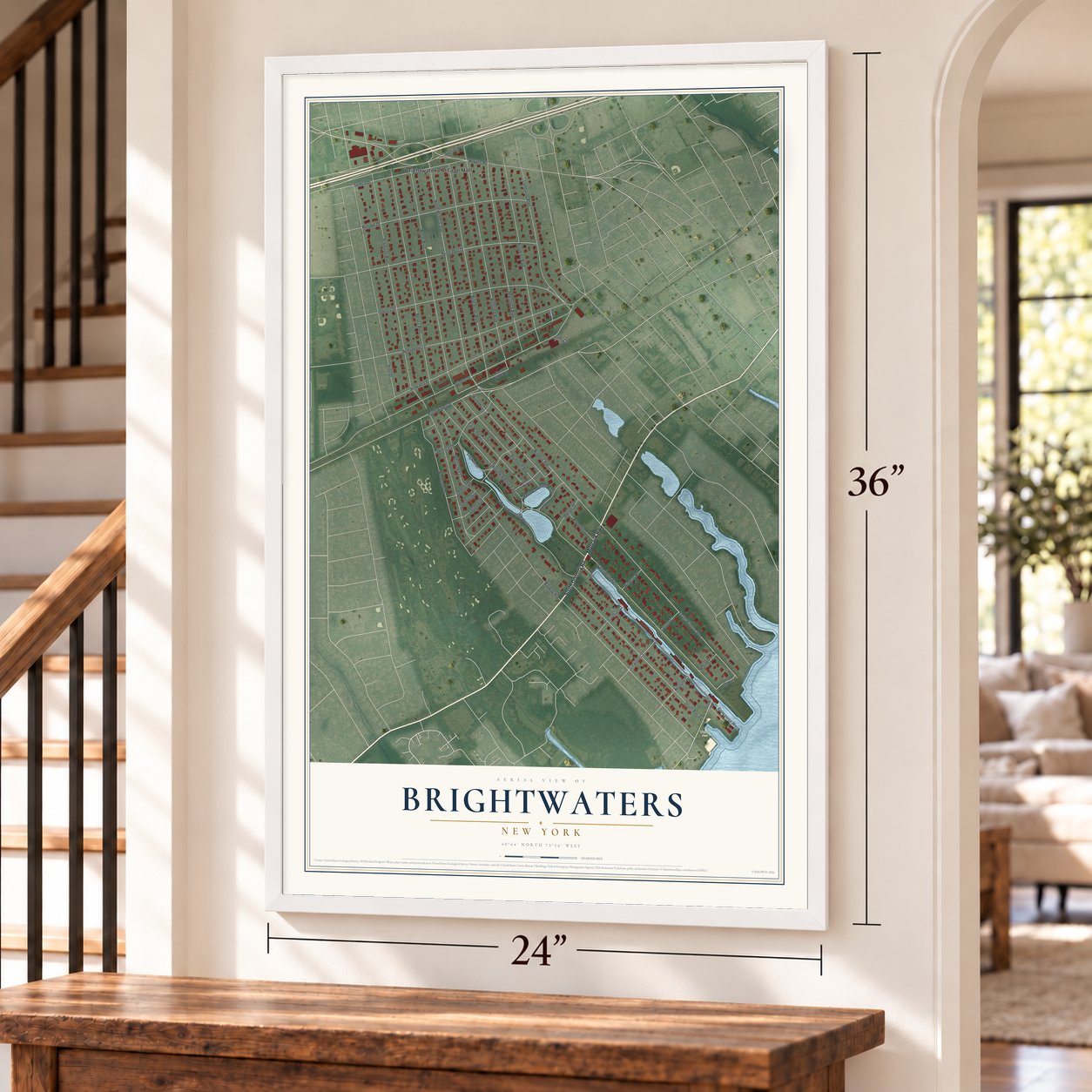 Brightwaters, New York map, 24 x 36 inch print in a white frame by a staircase