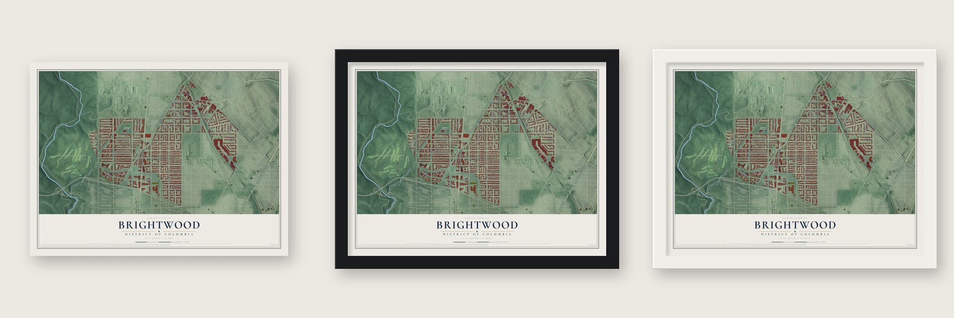 Brightwood, District of Columbia map unframed, in a black wood frame and in a white wood frame