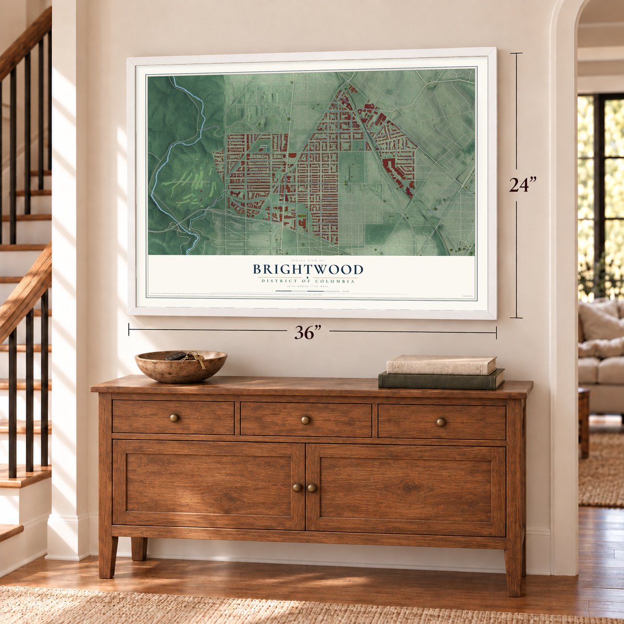 Brightwood, District of Columbia map, 24 x 36 inch print in a white frame above a dresser by a staircase