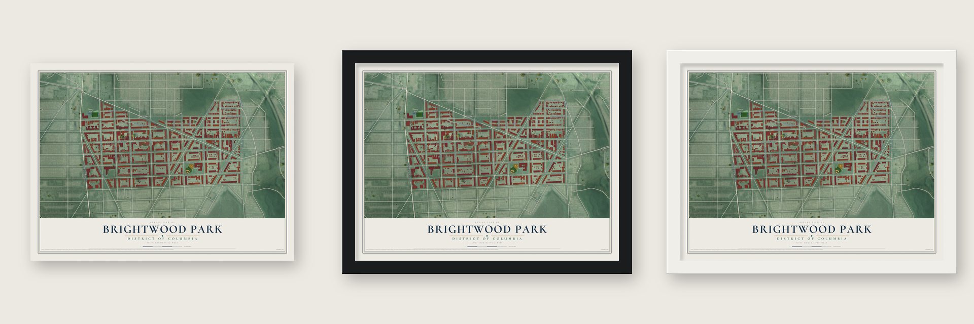 Brightwood Park, District of Columbia map unframed, in a black wood frame and in a white wood frame