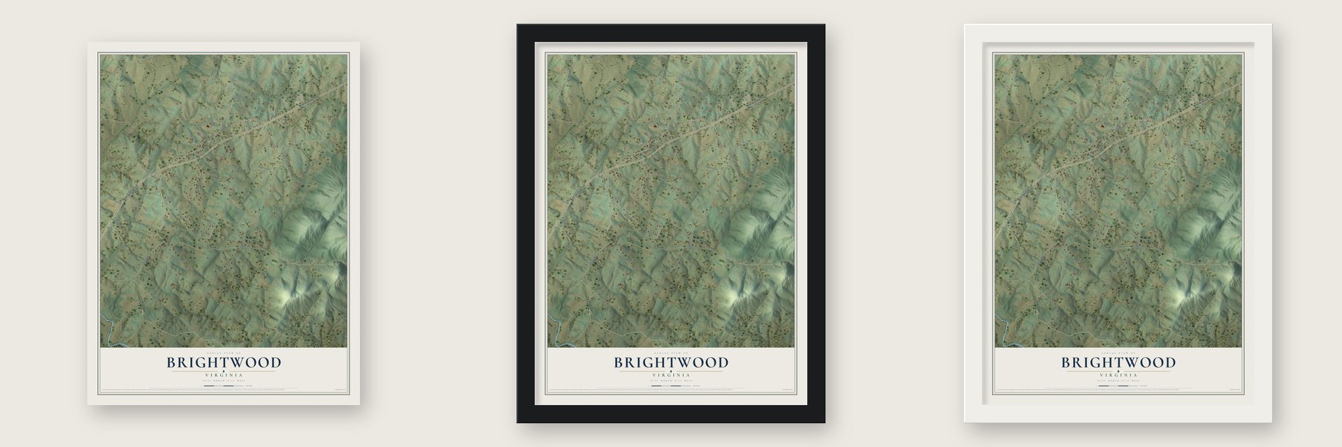 Brightwood, Virginia map unframed, in a black wood frame and in a white wood frame