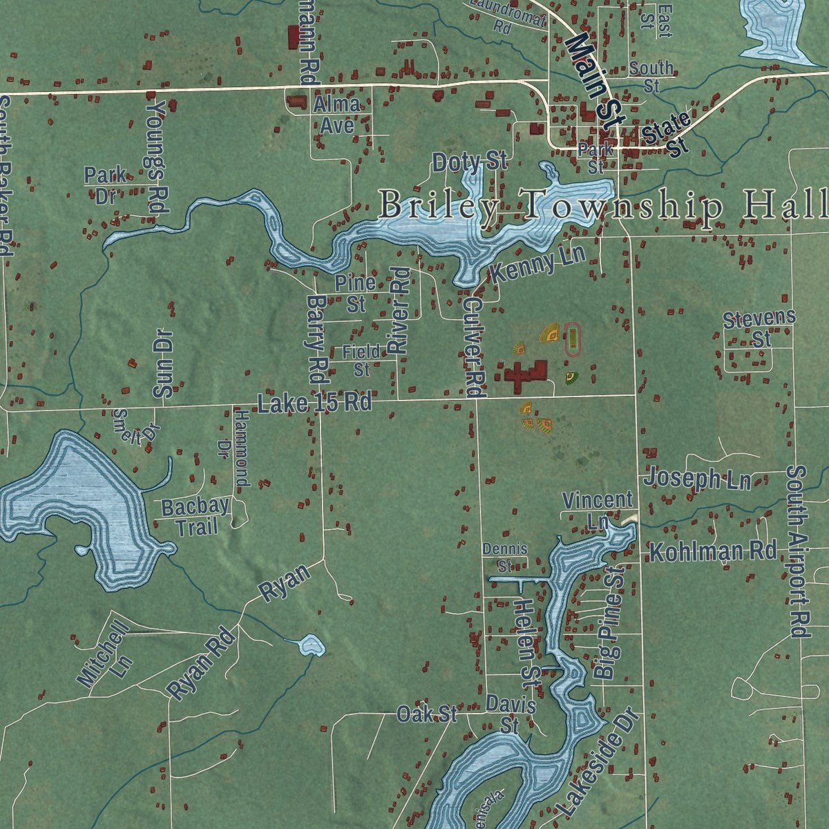 Second close-up of the map of Briley, Michigan print showing more streets and buildings