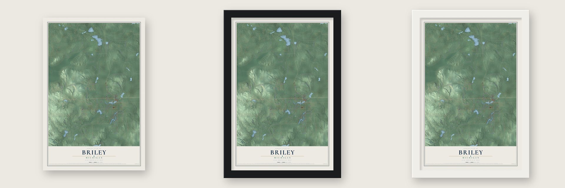Briley, Michigan map unframed, in a black wood frame and in a white wood frame
