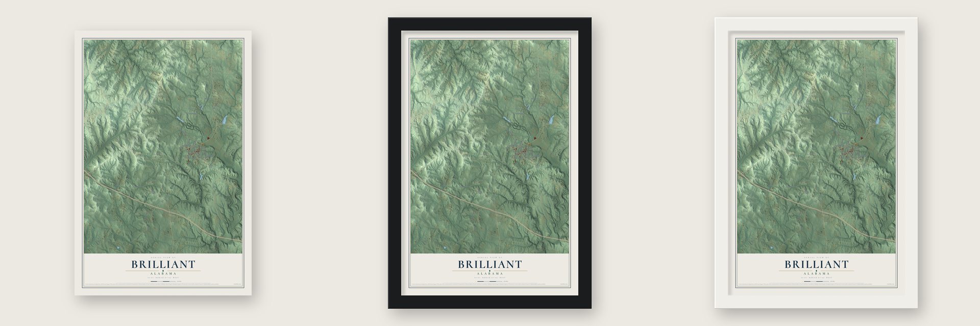 Brilliant, Alabama map unframed, in a black wood frame and in a white wood frame